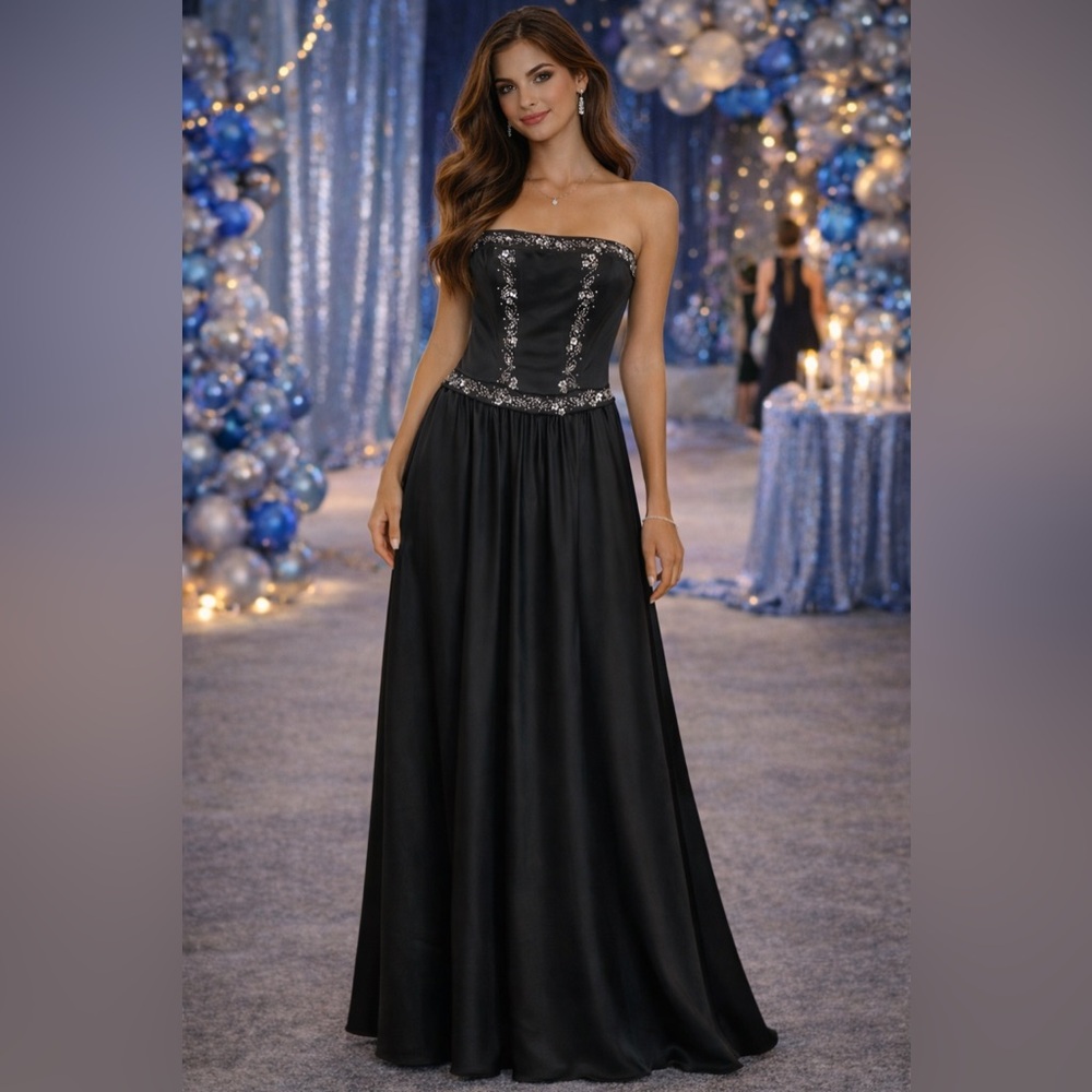 Y2K Black Strapless Beaded Prom Gown Corset Bodice Maxi Dress XS 1/2 Formal
